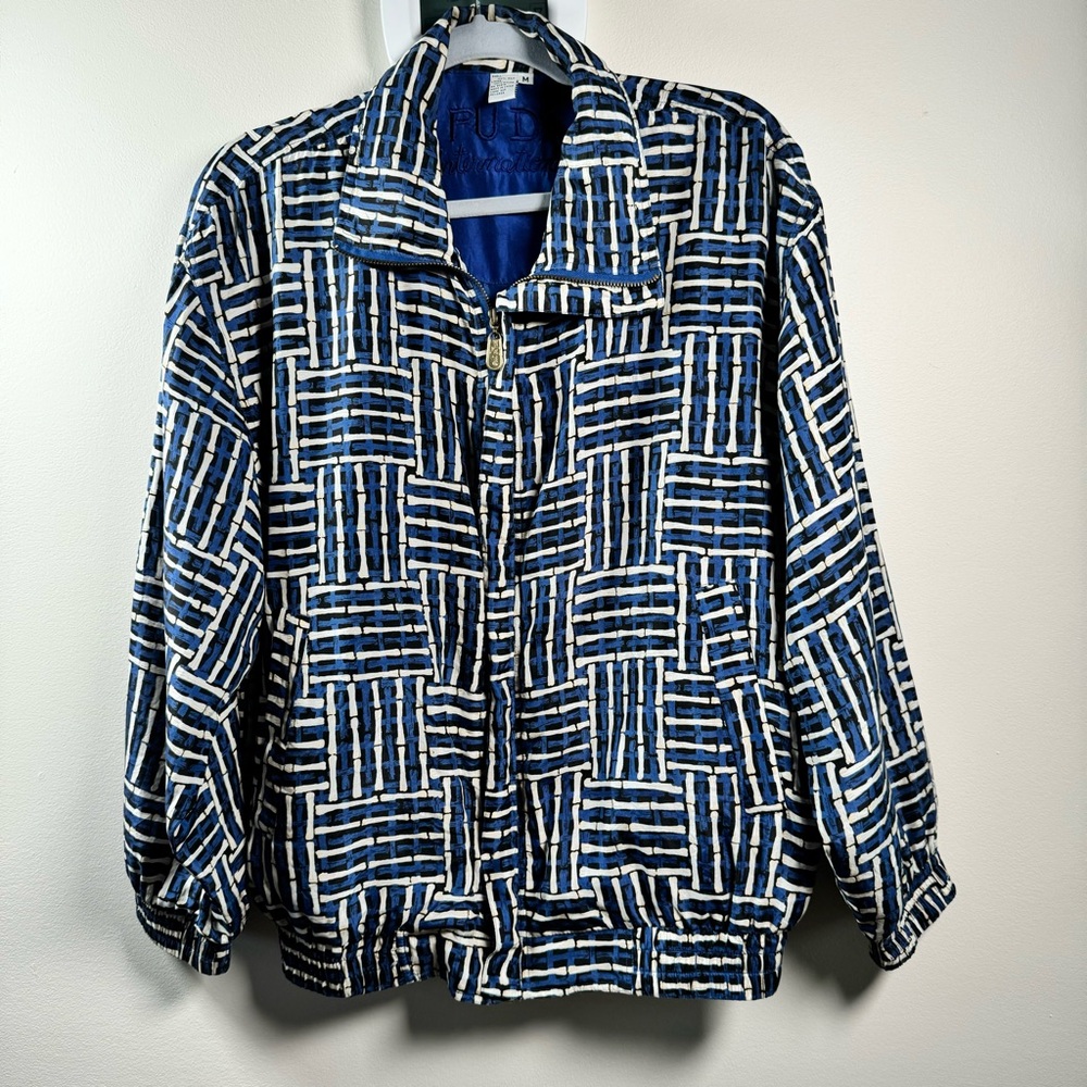 FUDA International- 100% Silk Bomber Jacket Full Zip High Neck- Size Medium Blue